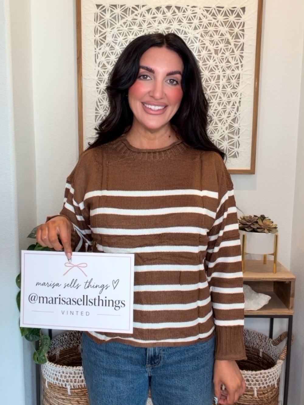 Amazon Brown and White Striped Crewneck Sweater